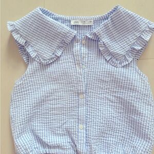 Zara Blue and White Ruffled Gingham Blouse